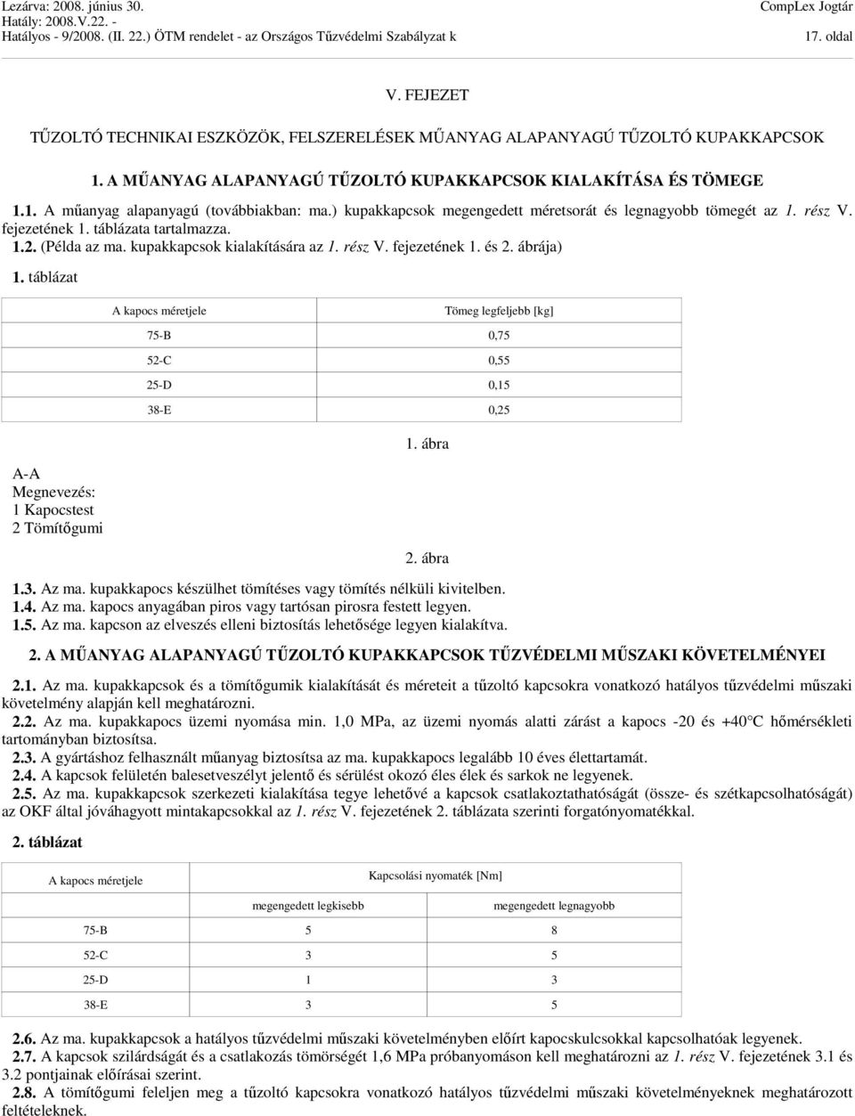 ábrája) 1. táblázat A-A Megnevezés: 1 Kapocstest 2 Tömítőgumi A kapocs méretjele Tömeg legfeljebb [kg] 75-B 0,75 52-C 0,55 25-D 0,15 38-E 0,25 1. ábra 2. ábra 1.3. Az ma.