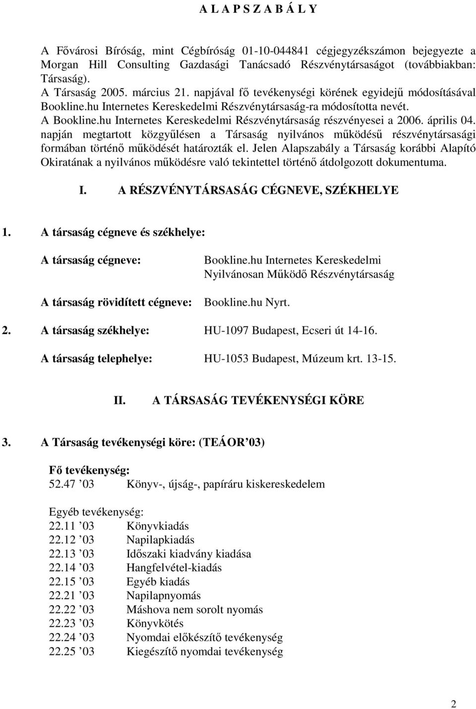 hu Internetes Kereskedelmi Részvénytársaság részvényesei a 2006. április 04. napján megtartott közgyőlésen a Társaság nyilvános mőködéső részvénytársasági formában történı mőködését határozták el.