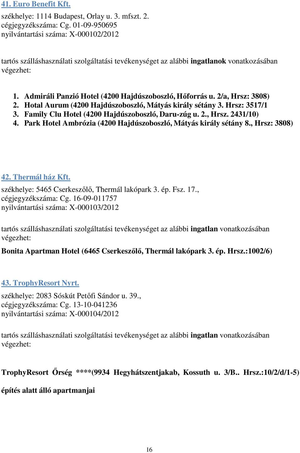 2/a, Hrsz: 3808) 2. Hotal Aurum (4200 Hajdúszoboszló, Mátyás király sétány 3. Hrsz: 3517/1 3. Family Clu Hotel (4200 Hajdúszoboszló, Daru-zúg u. 2., Hrsz. 2431/10) 4.