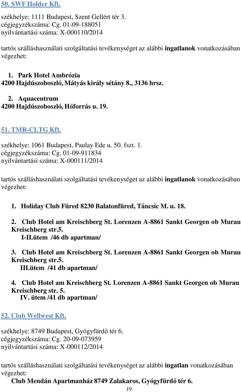 Park Hotel Ambrózia 4200 Hajdúszoboszló, Mátyás király sétány 8., 3136 hrsz. 2. Aquacentrum 4200 Hajdúszoboszló, Hőforrás u. 19. 51. TMR-CLTG Kft. székhelye: 1061 Budapest, Paulay Ede u. 50. fszt. 1. cégjegyzékszáma: Cg.