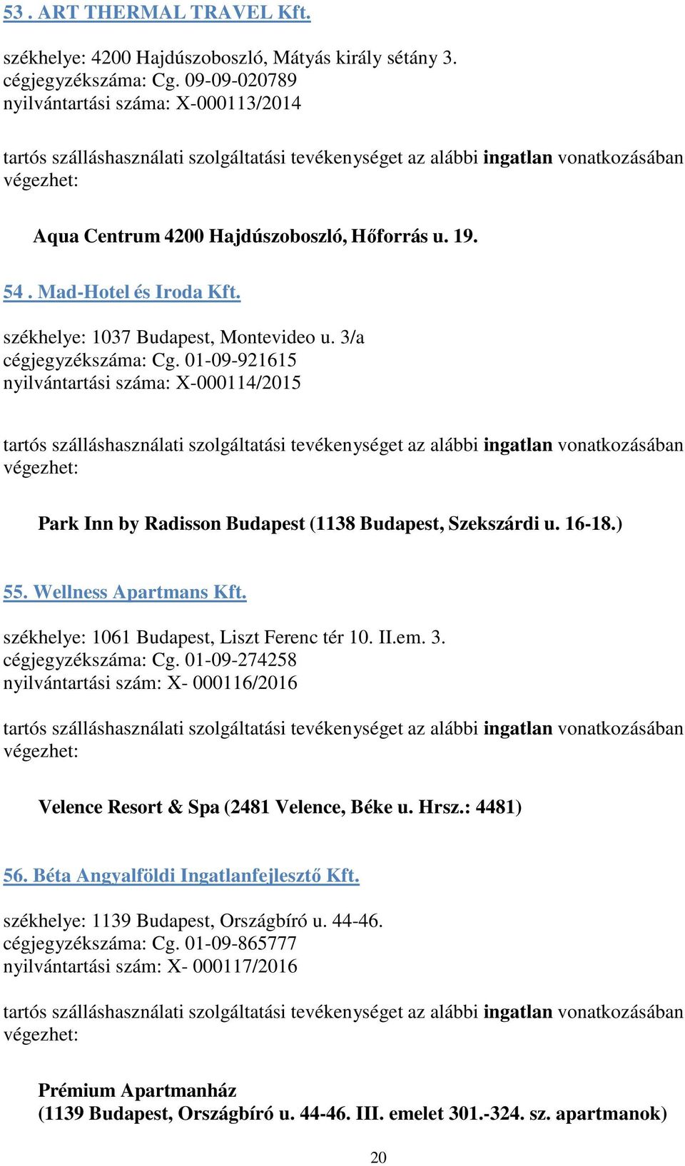 01-09-921615 nyilvántartási száma: X-000114/2015 Park Inn by Radisson Budapest (1138 Budapest, Szekszárdi u. 16-18.) 55. Wellness Apartmans Kft. székhelye: 1061 Budapest, Liszt Ferenc tér 10. II.em.