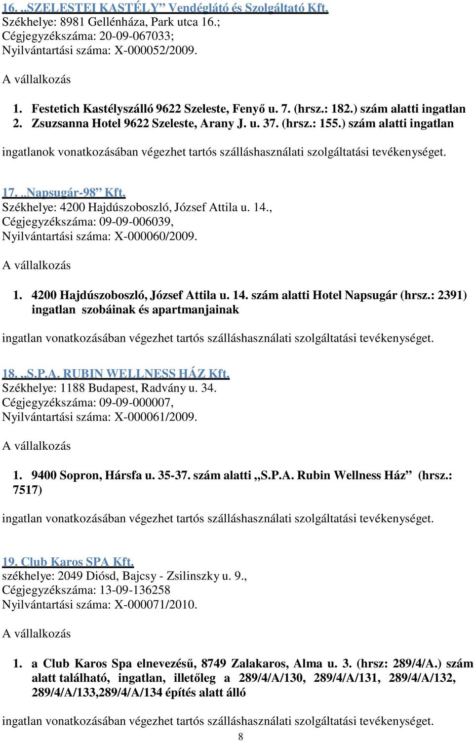 , Cégjegyzékszáma: 09-09-006039, Nyilvántartási száma: X-000060/2009. 1. 4200 Hajdúszoboszló, József Attila u. 14. szám alatti Hotel Napsugár (hrsz.: 2391) ingatlan szobáinak és apartmanjainak 18. S.