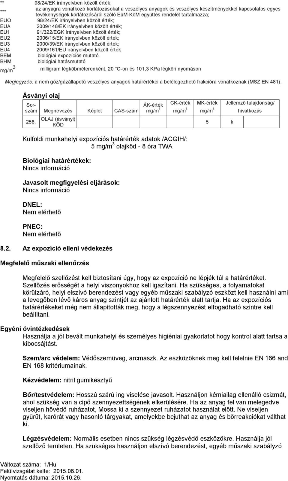 irányelvben közölt érték; EU4 2009/161/EU irányelvben közölt érték BEM biológiai expozíciós mutató.