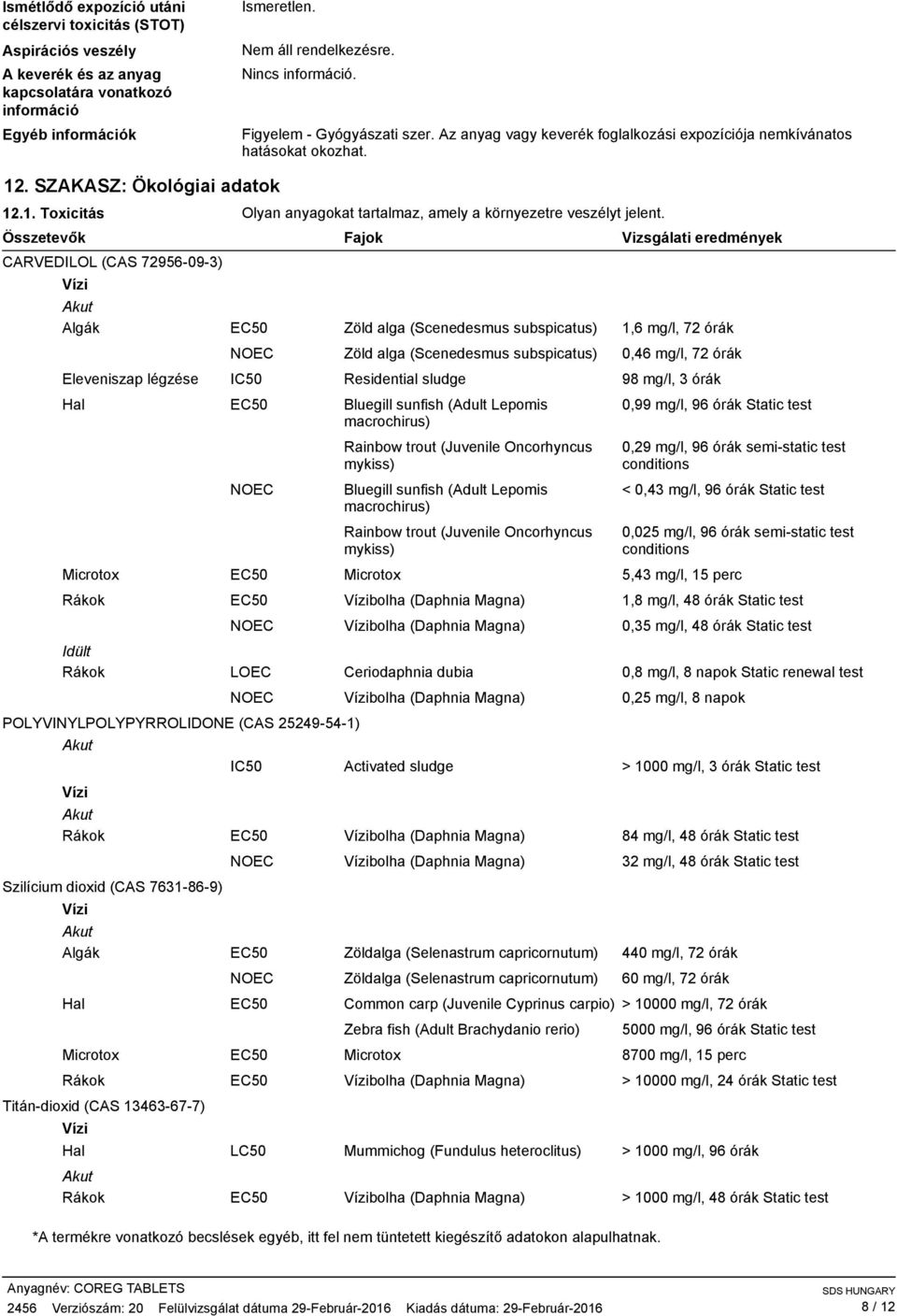 Összetevők (CAS 72956093) Vízi Algák Eleveniszap légzése Hal Microtox Rákok Idült Rákok NOEC IC50 NOEC NOEC LOEC NOEC POLYVINYLPOLYPYRROLIDONE (CAS 25249541) Vízi Rákok Szilícium dioxid (CAS 7631869)