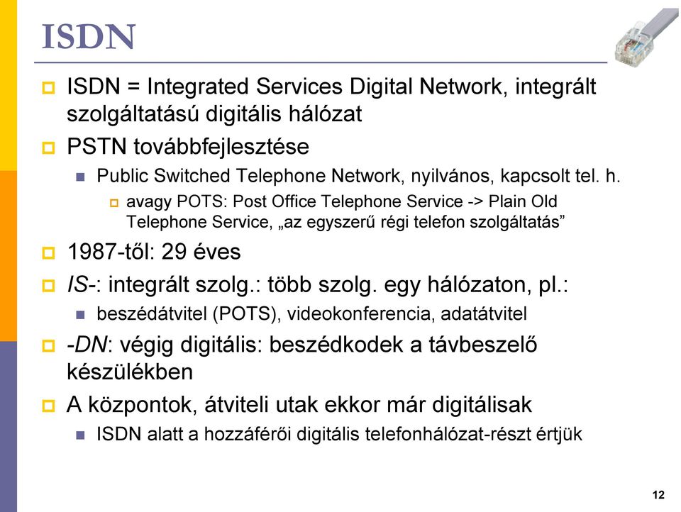 avagy POTS: Post Office Telephone Service -> Plain Old Telephone Service, az egyszerű régi telefon szolgáltatás 1987-től: 29 éves IS-: integrált