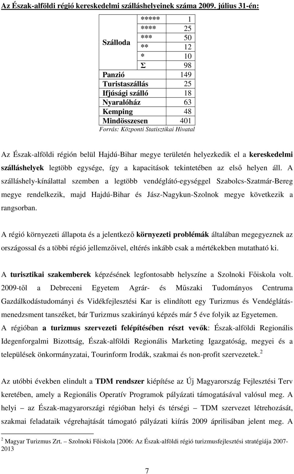 Észak-alföldi régión belül Hajdú-Bihar megye területén helyezkedik el a kereskedelmi szálláshelyek legtöbb egysége, így a kapacitások tekintetében az elsı helyen áll.