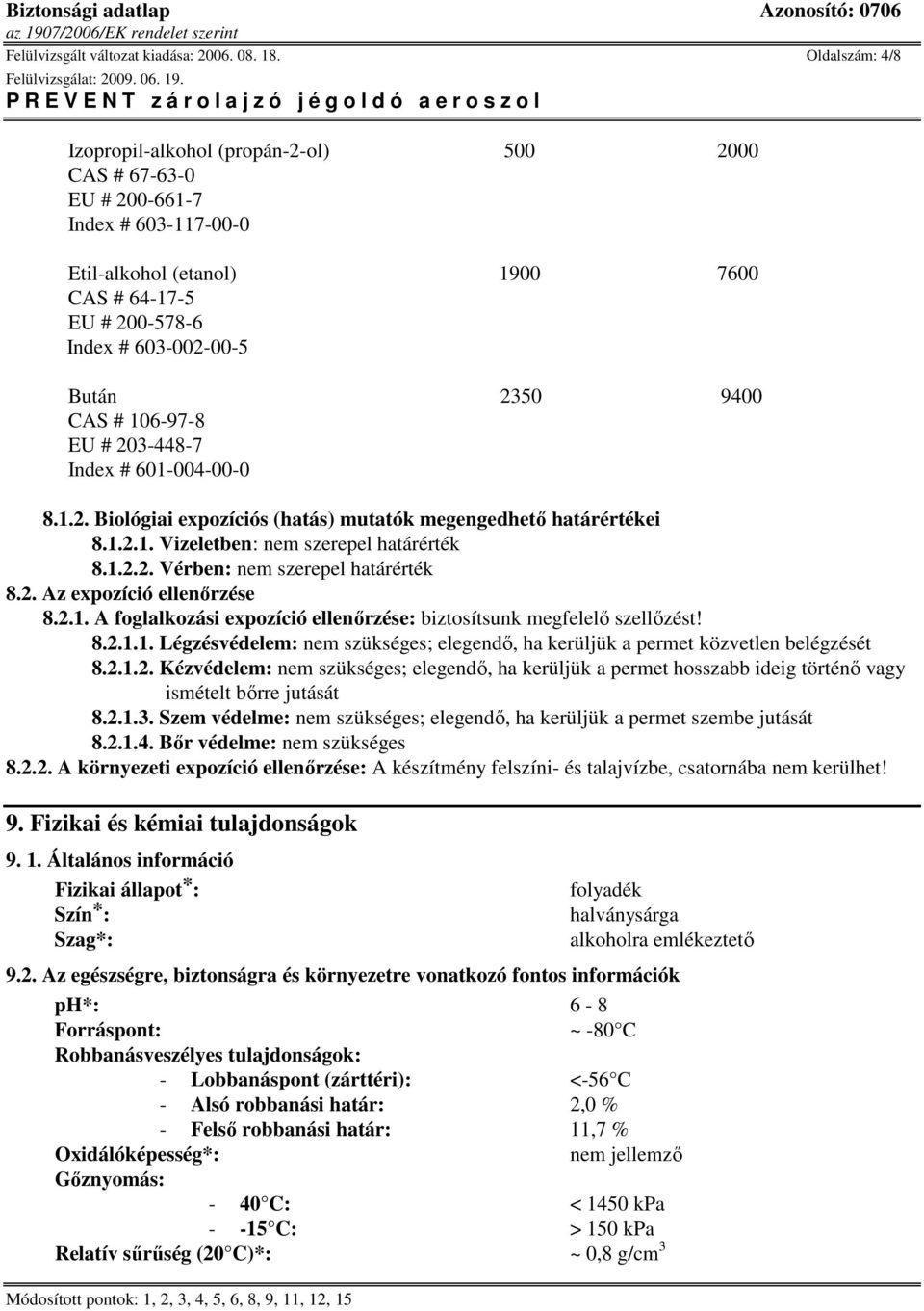 9400 CAS # 106-97-8 EU # 203-448-7 Index # 601-004-00-0 8.1.2. Biológiai expozíciós (hatás) mutatók megengedhetı határértékei 8.1.2.1. Vizeletben: nem szerepel határérték 8.1.2.2. Vérben: nem szerepel határérték 8.