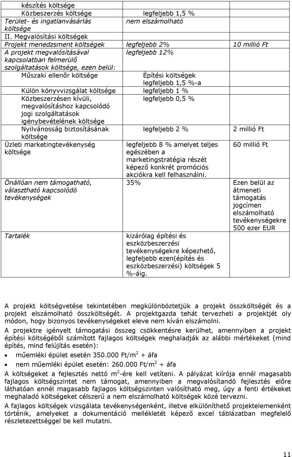 költsége Építési költségek legfeljebb 1,5 %-a Külön könyvvizsgálat költsége legfeljebb 1 % Közbeszerzésen kívüli, legfeljebb 0,5 % megvalósításhoz kapcsolódó jogi szolgáltatások igénybevételének