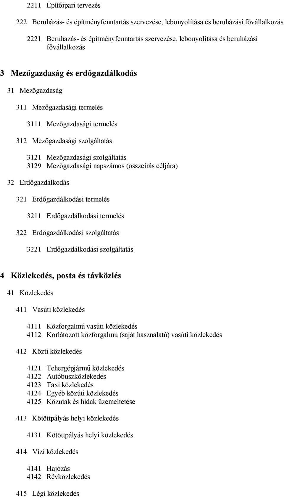 Mezőgazdasági napszámos (összeírás céljára) 32 Erdőgazdálkodás 321 Erdőgazdálkodási termelés 3211 Erdőgazdálkodási termelés 322 Erdőgazdálkodási szolgáltatás 3221 Erdőgazdálkodási szolgáltatás 4