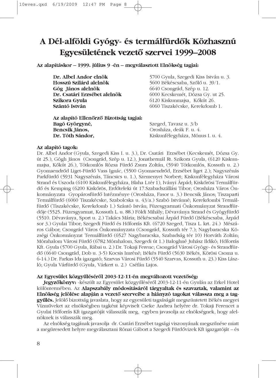 Csatári Erzsébet alelnök 6000 Kecskemét, Dózsa Gy. ut 25. Szikora Gyula 6120 Kiskunmajsa, Kõkút 26. Szántó István 6060 Tiszakécske, Kerekdomb 1.