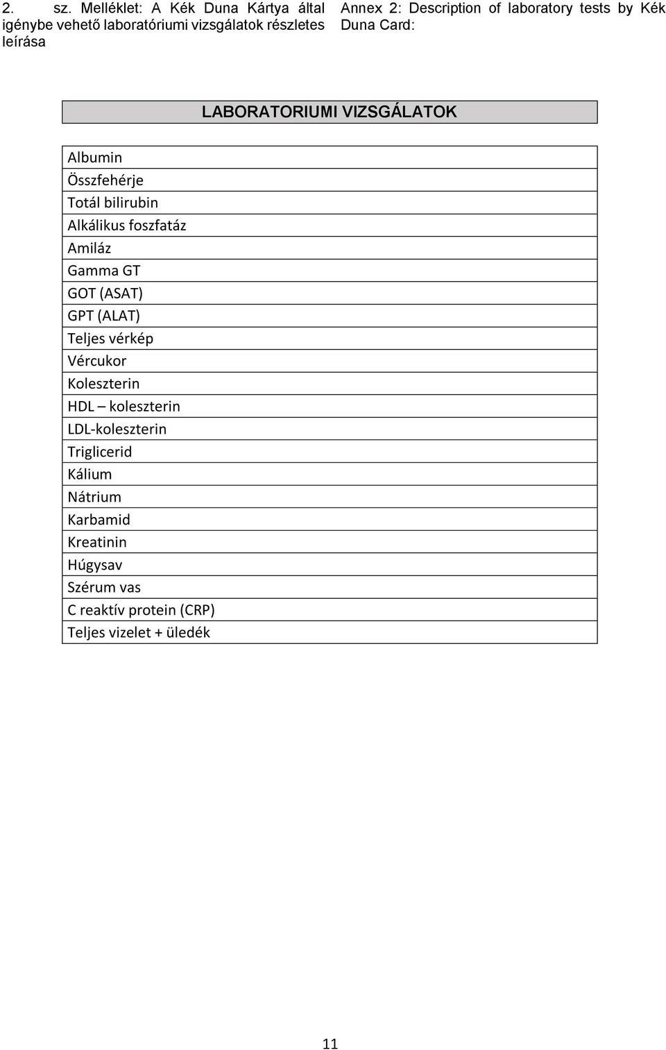of laboratory tests by Kék Duna Card: LABORATORIUMI VIZSGÁLATOK Albumin Összfehérje Totál bilirubin Alkálikus