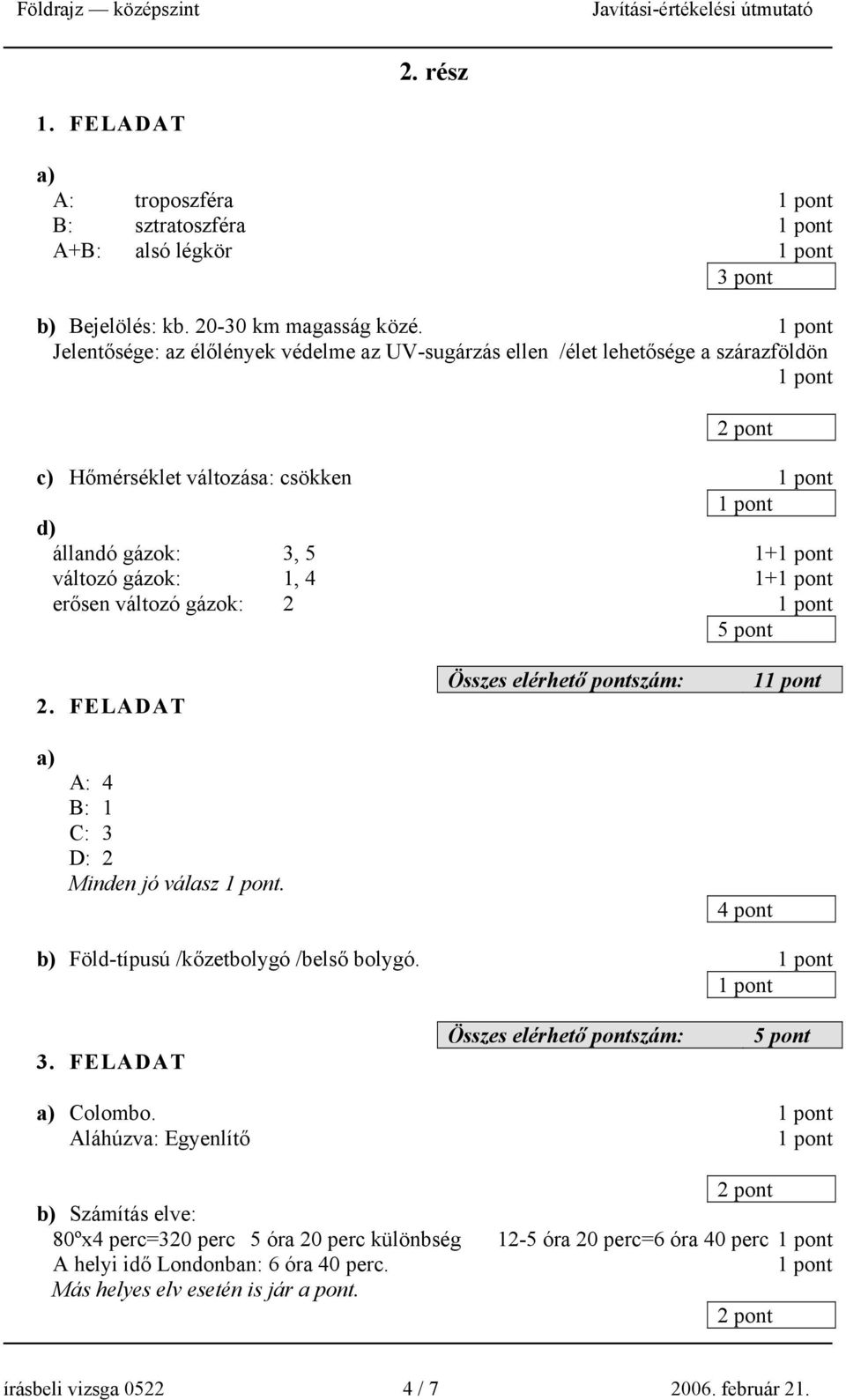 4 1+ erősen változó gázok: 2 2. FELADAT 1 A: 4 B: 1 C: 3 D: 2 Minden jó válasz. 4 pont b) Föld-típusú /kőzetbolygó /belső bolygó. 3. FELADAT Colombo.