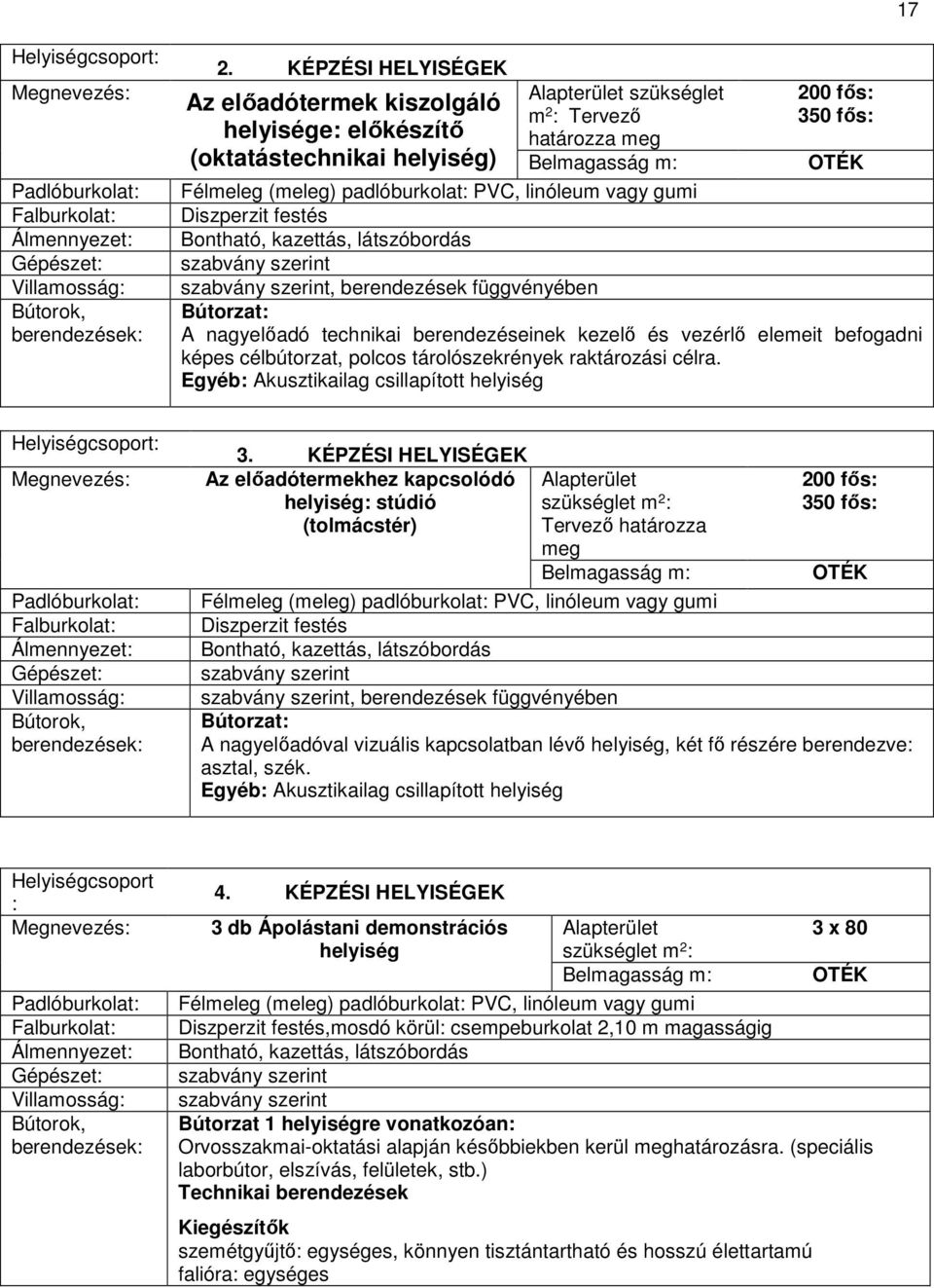 (meleg) padlóburkolat: PVC, linóleum vagy gumi Diszperzit festés Bontható, kazettás, látszóbordás szabvány szerint szabvány szerint, berendezések függvényében Bútorzat: A nagyelőadó technikai