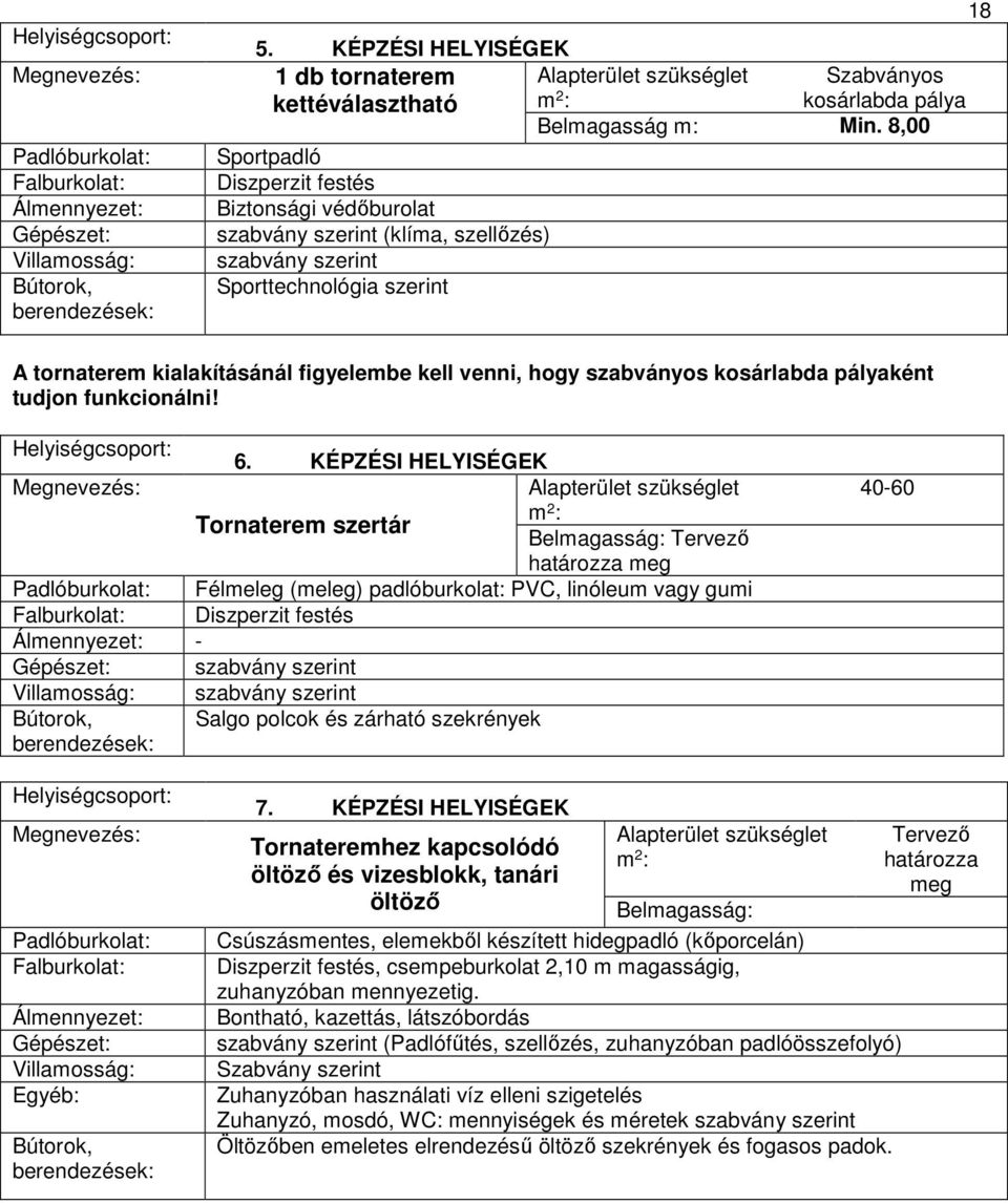 8,00 Sportpadló Diszperzit festés Biztonsági védőburolat szabvány szerint (klíma, szellőzés) szabvány szerint Sporttechnológia szerint 18 A tornaterem kialakításánál figyelembe kell venni, hogy