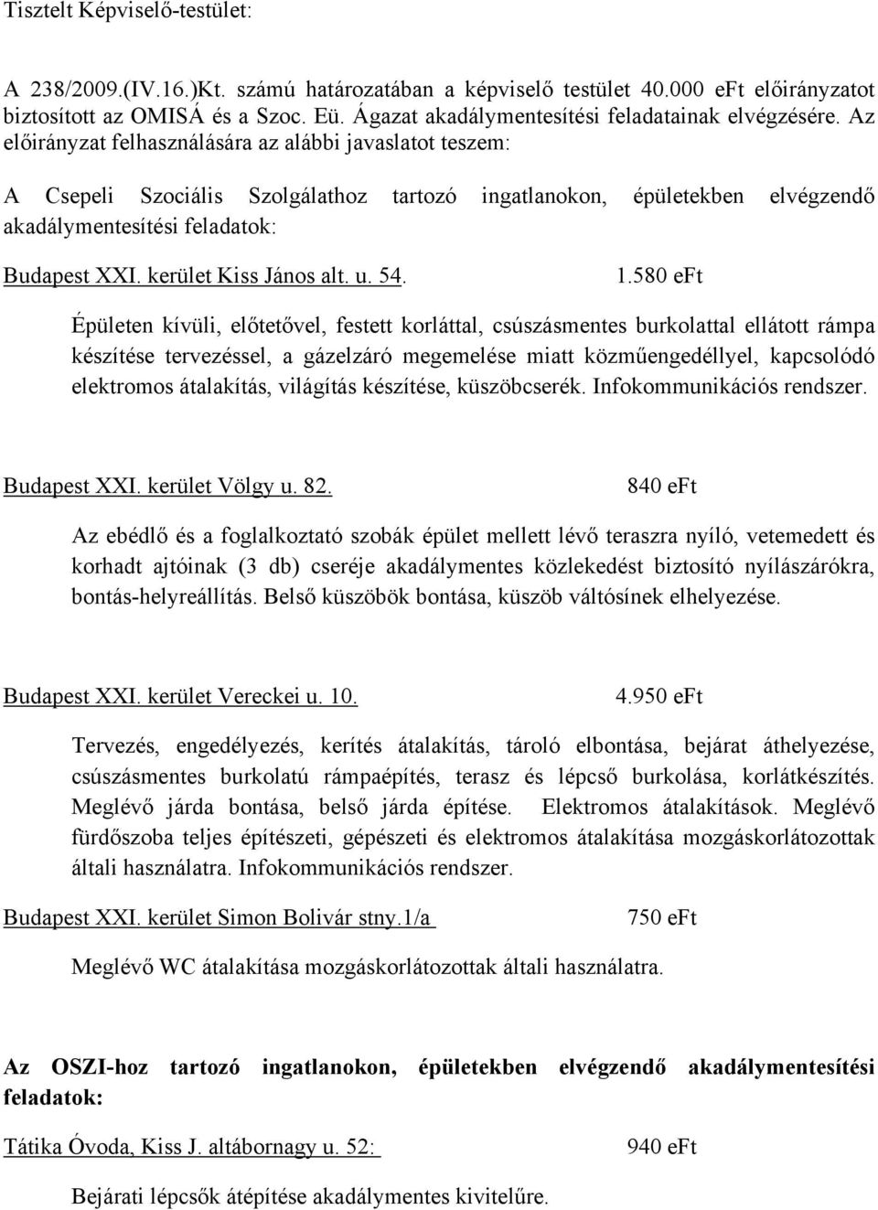 Az előirányzat felhasználására az alábbi javaslatot teszem: A Csepeli Szociális Szolgálathoz tartozó ingatlanokon, épületekben elvégzendő akadálymentesítési feladatok: Budapest XXI.