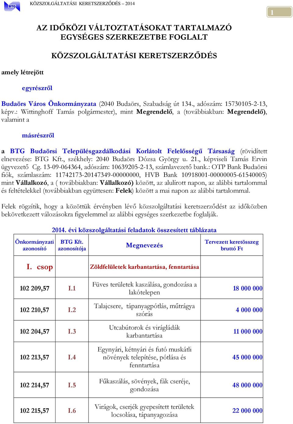 : Wittinghoff Tamás polgármester), mint Megrendelő, a (továbbiakban: Megrendelő), valamint a másrészről a BTG Budaörsi Településgazdálkodási Korlátolt Felelősségű Társaság (rövidített elnevezése: BTG