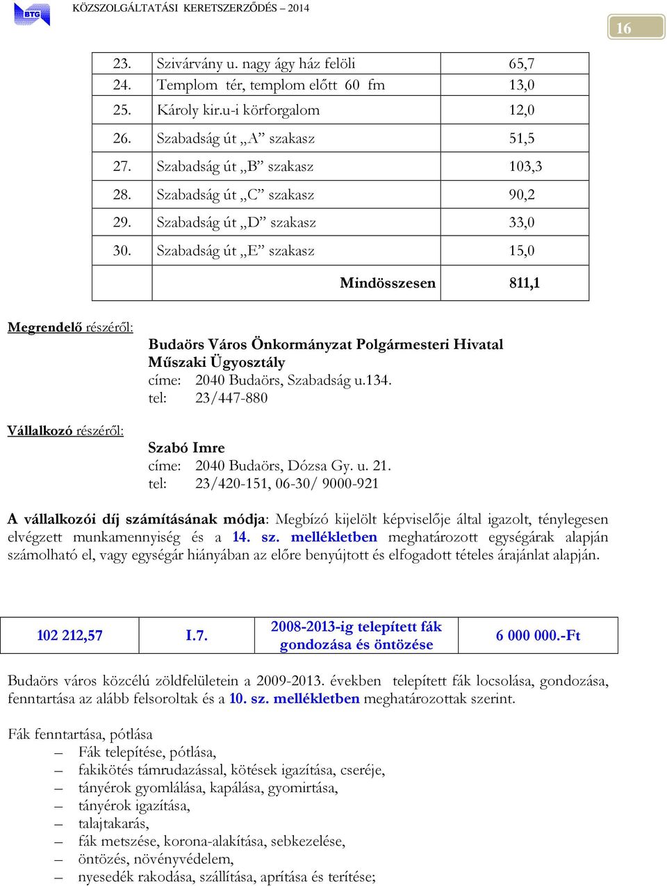 Szabadság út E szakasz 15,0 Mindösszesen 811,1 Megrendelő részéről: Vállalkozó részéről: Budaörs Város Önkormányzat Polgármesteri Hivatal Műszaki Ügyosztály címe: 2040 Budaörs, Szabadság u.134.