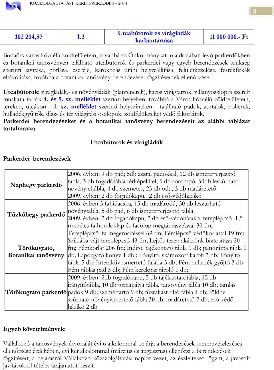 javítása, pótlása, cseréje, károkozás utáni helyreállítása, felületkezelése, festékfirkák eltávolítása, továbbá a botanikai tanösvény berendezései rögzítéseinek ellenőrzése.