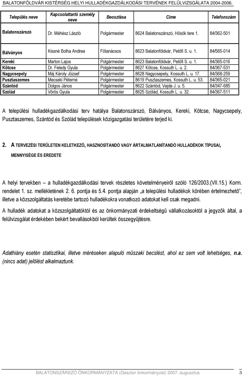 u. 1. 84/365016 Kötcse Dr. Feledy Gyula Polgármester 8627 Kötcse, Kossuth L. u. 2. 84/367531 Nagycsepely Máj Károly József Polgármester 8628 Nagycsepely, Kossuth L. u. 17.