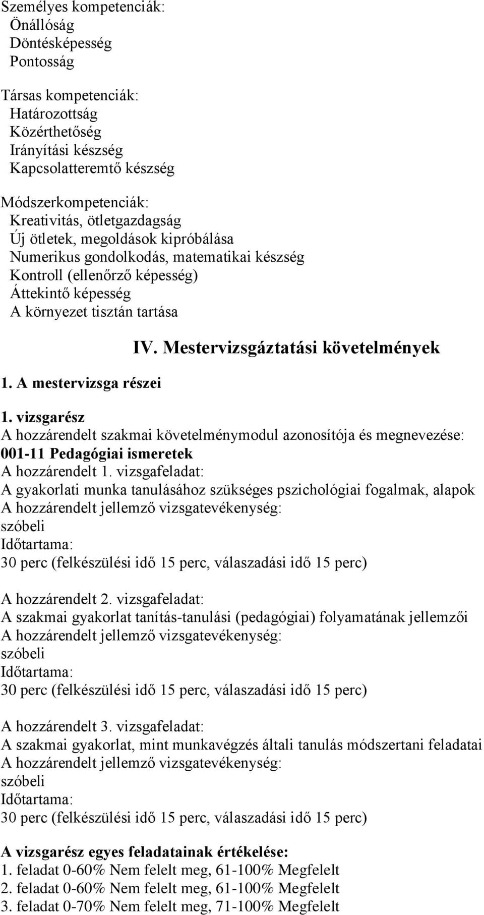 Mestervizsgáztatási követelmények 1. vizsgarész A hozzárendelt szakmai követelménymodul azonosítója és megnevezése: 001-11 Pedagógiai ismeretek A hozzárendelt 1.