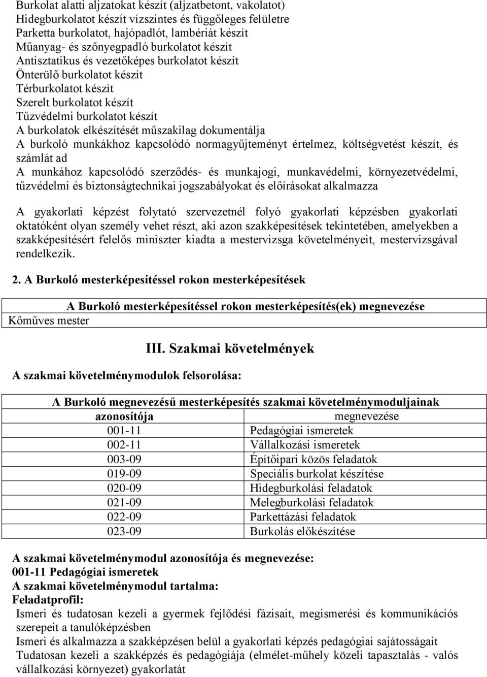 műszakilag dokumentálja A burkoló munkákhoz kapcsolódó normagyűjteményt értelmez, költségvetést készít, és számlát ad A munkához kapcsolódó szerződés- és munkajogi, munkavédelmi, környezetvédelmi,