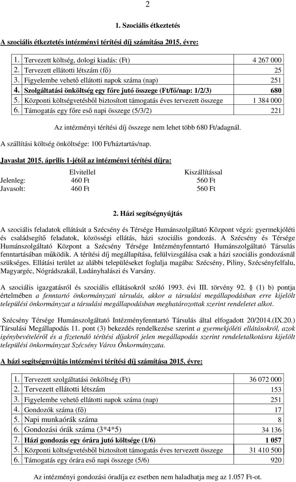 Központi költségvetésből biztosított támogatás éves tervezett összege 1 384 000 6. Támogatás egy főre eső napi összege (5/3/2) 221 Az intézményi térítési díj összege nem lehet több 680 Ft/adagnál.
