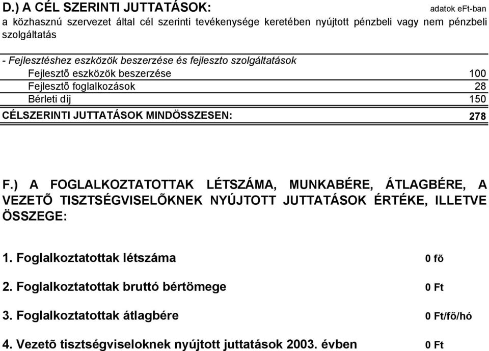 MINDÖSSZESEN: 278 F.) A FOGLALKOZTATOTTAK LÉTSZÁMA, MUNKABÉRE, ÁTLAGBÉRE, A VEZETÕ TISZTSÉGVISELÕKNEK NYÚJTOTT JUTTATÁSOK ÉRTÉKE, ILLETVE ÖSSZEGE: 1.