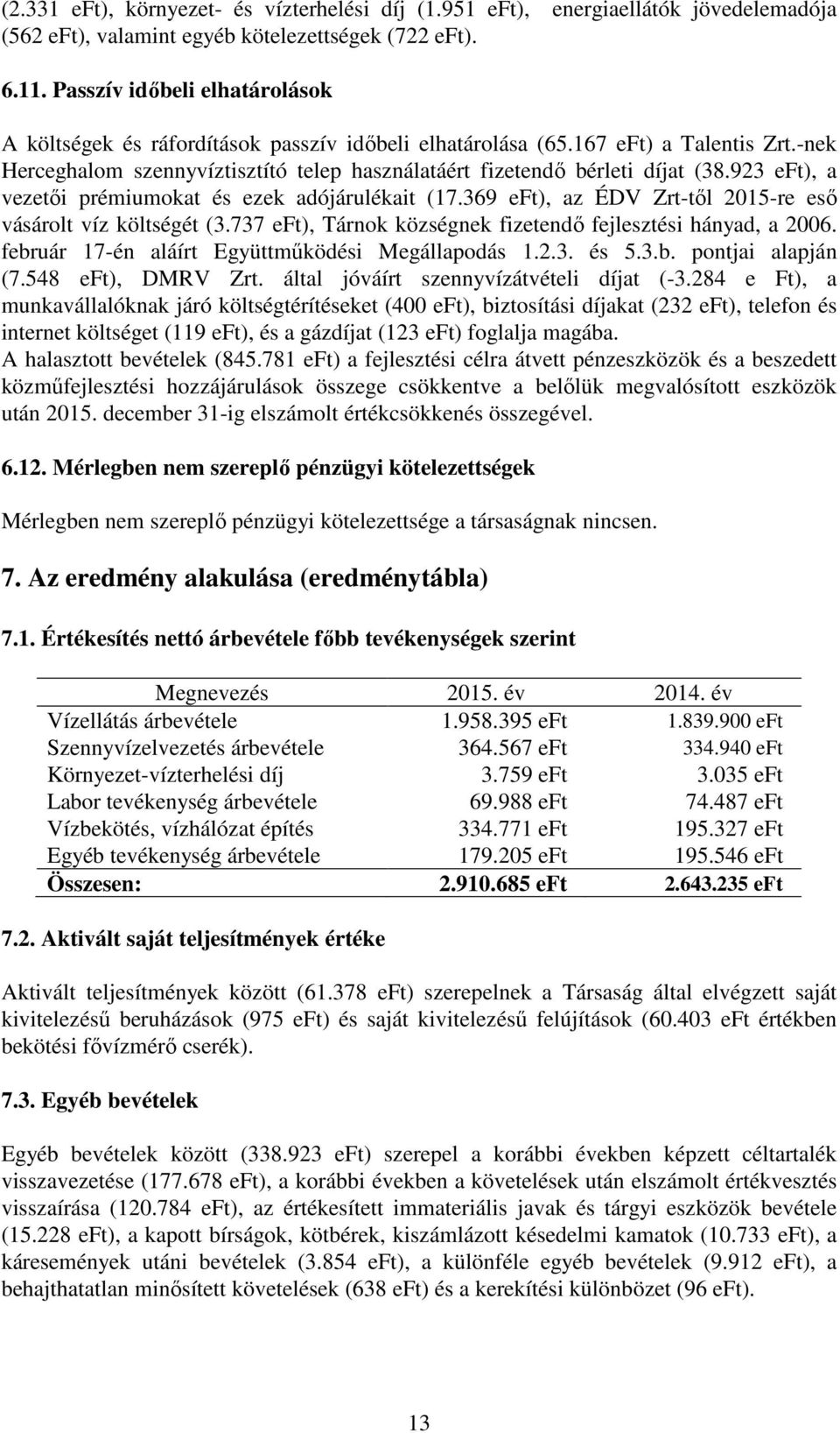 923 eft), a vezetői prémiumokat és ezek adójárulékait (17.369 eft), az ÉDV Zrt-től 2015-re eső vásárolt víz költségét (3.737 eft), Tárnok községnek fizetendő fejlesztési hányad, a 2006.