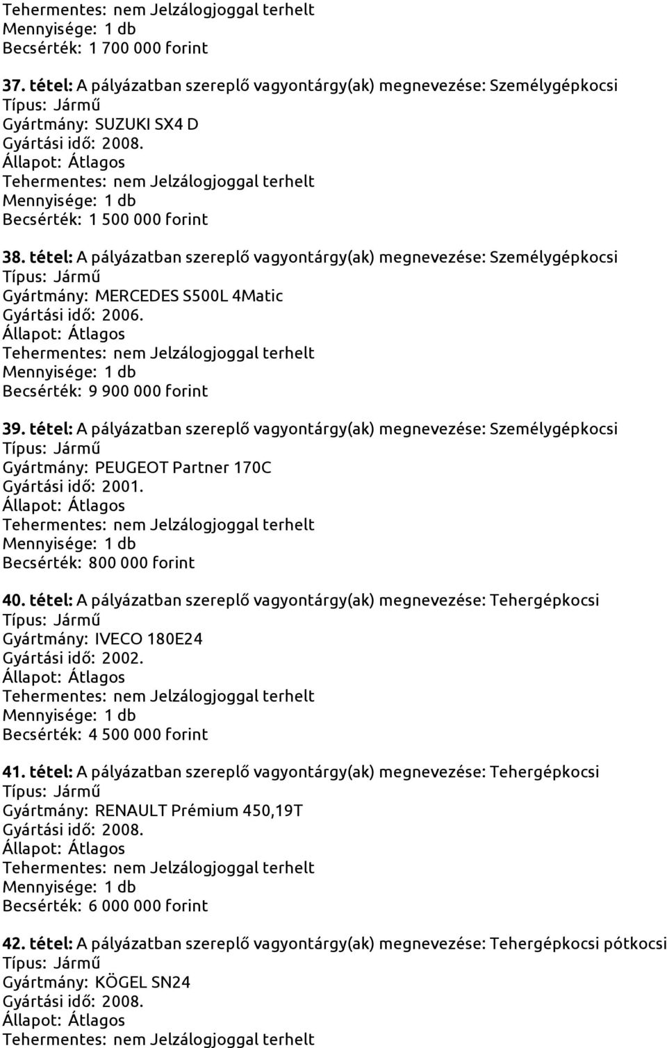 tétel: A pályázatban szereplő vagyontárgy(ak) megnevezése: Személygépkocsi Gyártmány: PEUGEOT Partner 170C Gyártási idő: 2001. Becsérték: 800 000 forint 40.