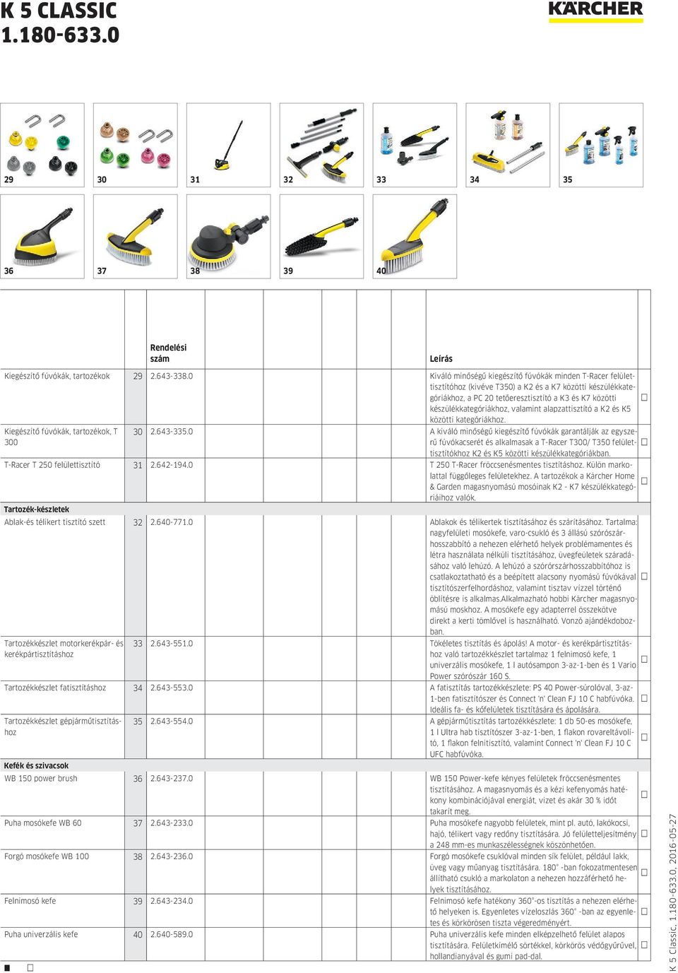 valamint alapzattisztító a K2 és K5 közötti kategóriákhoz. Kiegészítő fúvókák, tartozékok, T 300 30 2.643-335.