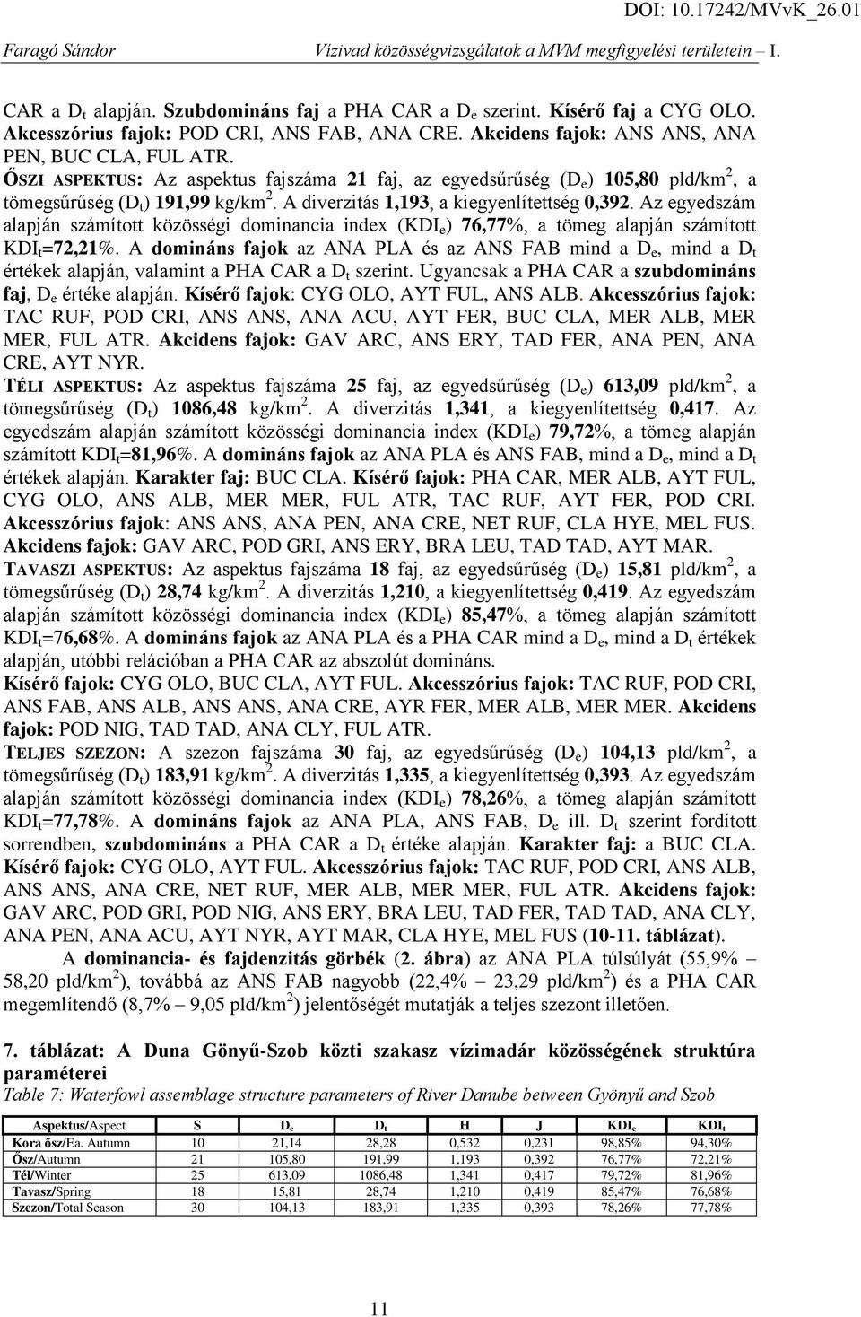 Az egyedszám alapján számított közösségi dominancia index (KDI e ) 76,77%, a tömeg alapján számított KDI t =72,21%.