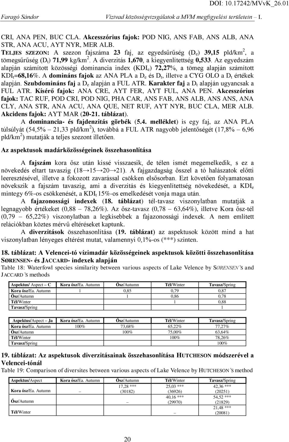 Az egyedszám alapján számított közösségi dominancia index (KDI e ) 72,27%, a tömeg alapján számított KDI t =68,16%. A domináns fajok az ANA PLA a D e és D t, illetve a CYG OLO a D t értékek alapján.