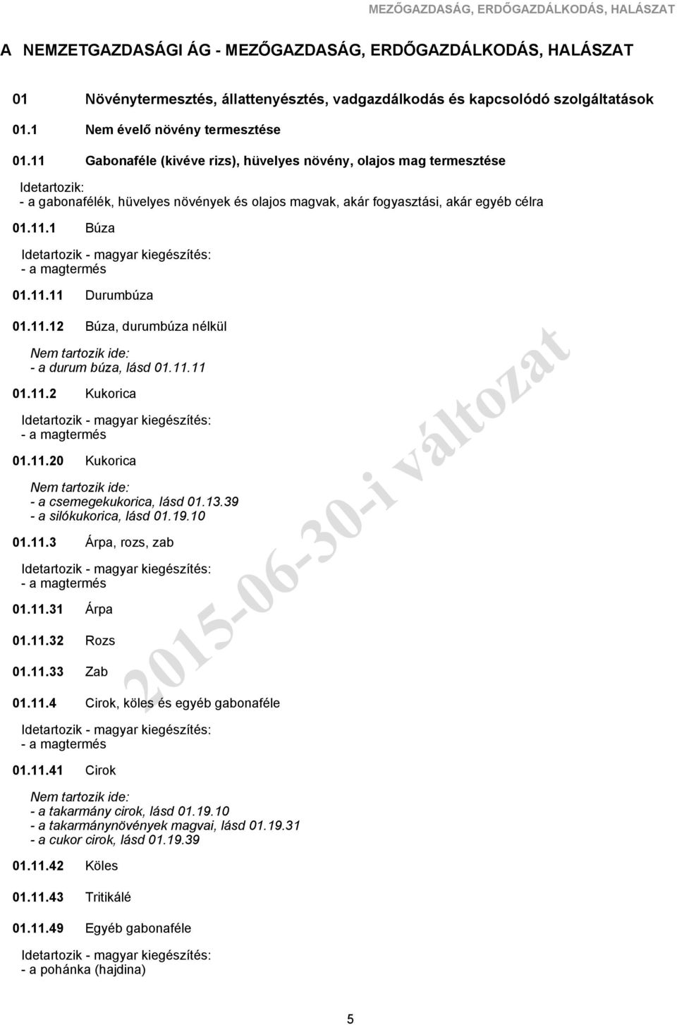 hüvelyes növények és olajos magvak, akár fogyasztási, akár egyéb célra 01.11.1 Búza - a magtermés 01.11.11 Durumbúza 01.11.12 - a durum búza, lásd 01.11.11 01.11.2 - a magtermés 01.11.20 - a csemegekukorica, lásd 01.