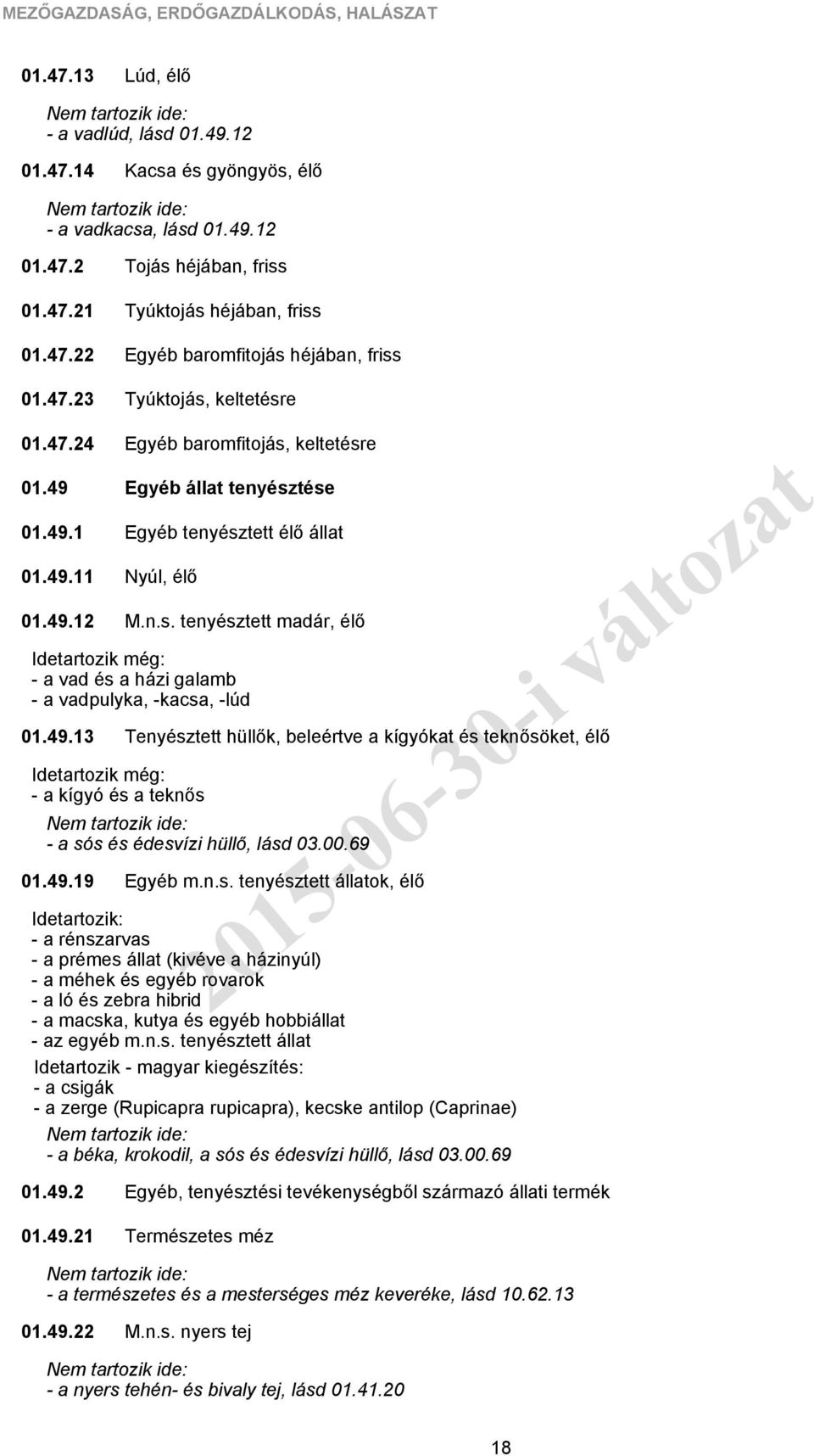 n.s. tenyésztett madár, élő Tenyésztett hüllők, beleértve a kígyókat és teknősöket, élő Egyéb m.n.s. tenyésztett állatok, élő - a rénszarvas - a prémes állat (kivéve a házinyúl) - a méhek és egyéb rovarok - a ló és zebra hibrid - a macska, kutya és egyéb hobbiállat - az egyéb m.