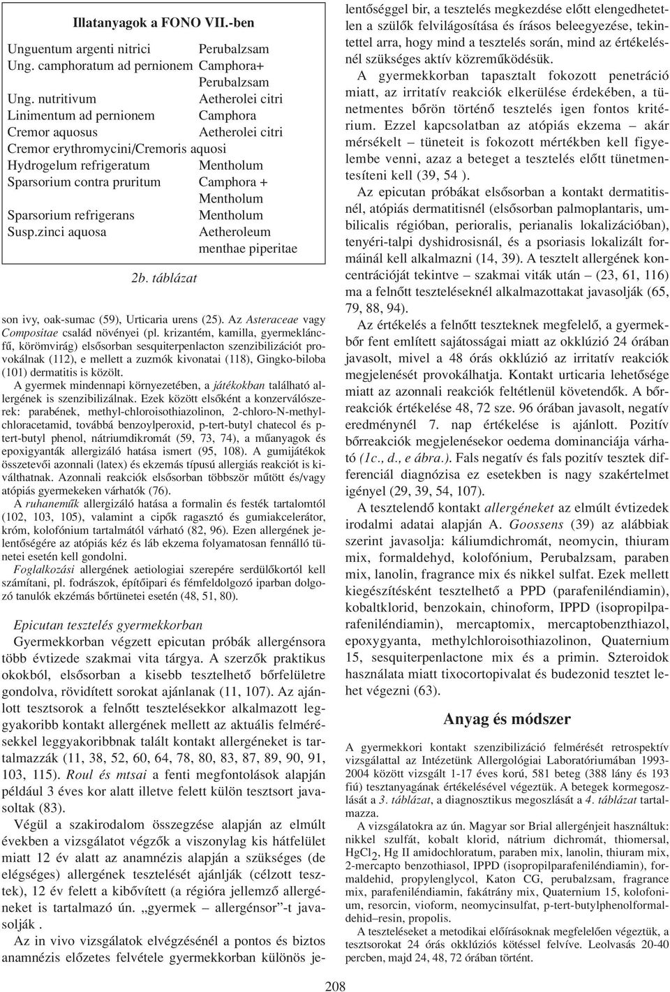 + Mentholum Sparsorium refrigerans Mentholum Susp.zinci aquosa Aetheroleum menthae piperitae 2b. táblázat son ivy, oak-sumac (59), Urticaria urens (25).