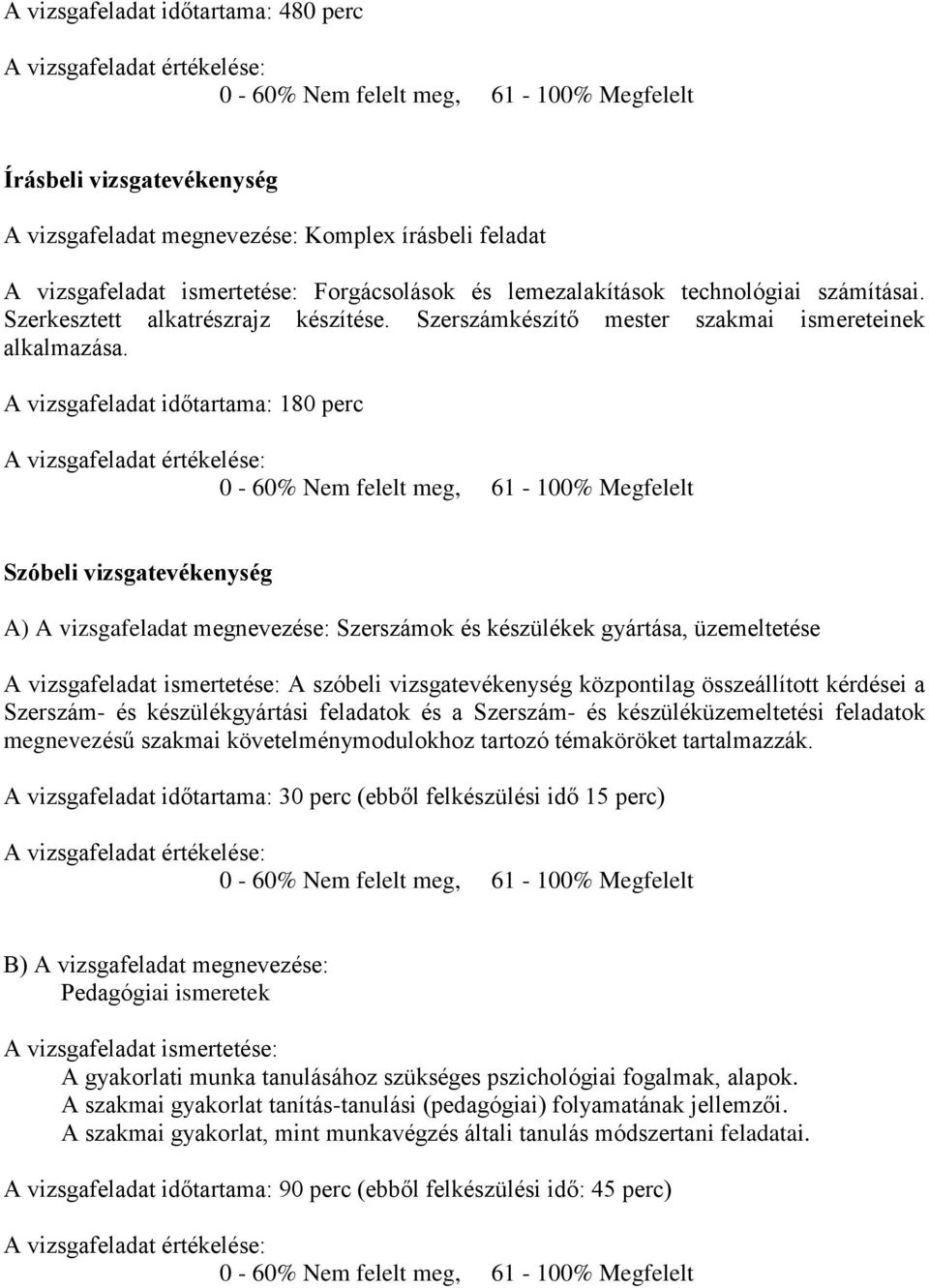 A vizsgafeladat időtartama: 180 perc A vizsgafeladat értékelése: 0-60% Nem felelt meg, 61-100% Megfelelt Szóbeli vizsgatevékenység A) A vizsgafeladat megnevezése: Szerszámok és készülékek gyártása,