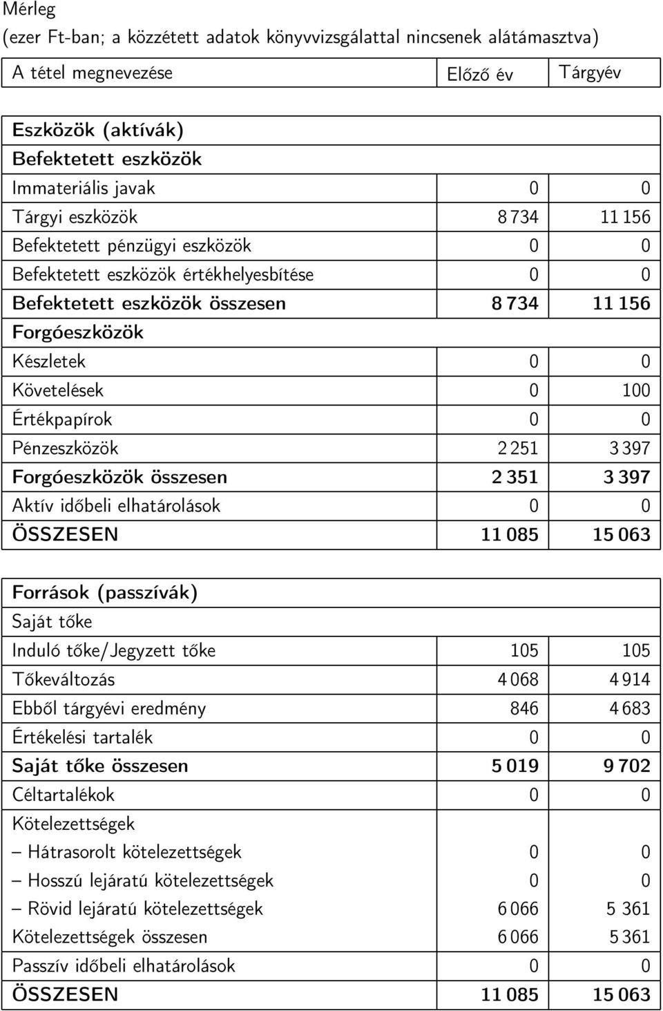 Pénzeszközök 2 251 3 397 Forgóeszközök összesen 2 351 3 397 Aktív időbeli elhatárolások 0 0 ÖSSZESEN 11 085 15 063 Források (passzívák) Saját tőke Induló tőke/jegyzett tőke 105 105 Tőkeváltozás 4 068
