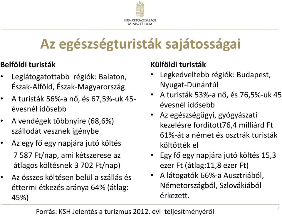 45%) Külföldi turisták Legkedveltebb régiók: Budapest, Nyugat-Dunántúl A turisták 53%-a nő, és 76,5%-uk 45 évesnél idősebb Az egészségügyi, gyógyászati kezelésre fordított76,4 milliárd Ft 61%-át a