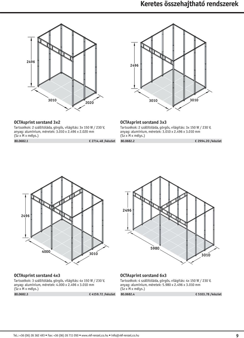 010 mm (Sz x M x mélys.) 80.0682.2 2994,20 /készlet 2496 2496 4000 3010 5980 3010 OCTAsprint sorstand 4x3 Tartozékok: 3 szállítóláda, görgős, világítás: 4x 150 W / 230 V, anyag: alumínium, méretek: 4.