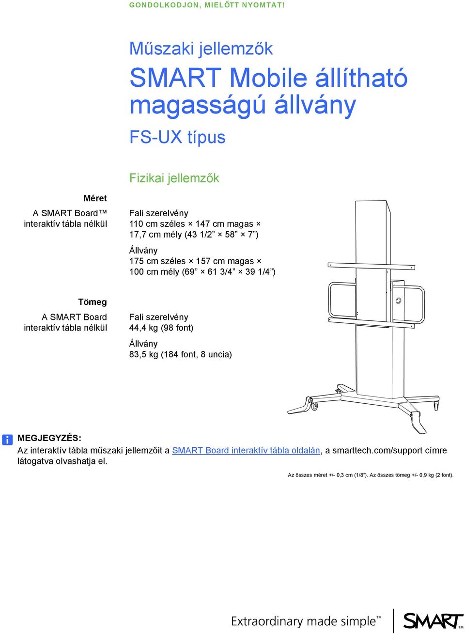 147 cm magas 17,7 cm mély (43 1/2 58 7 ) 175 cm széles 157 cm magas 100 cm mély (69 61 3/4 39 1/4 ) Tömeg A SMART Board interaktív tábla nélkül