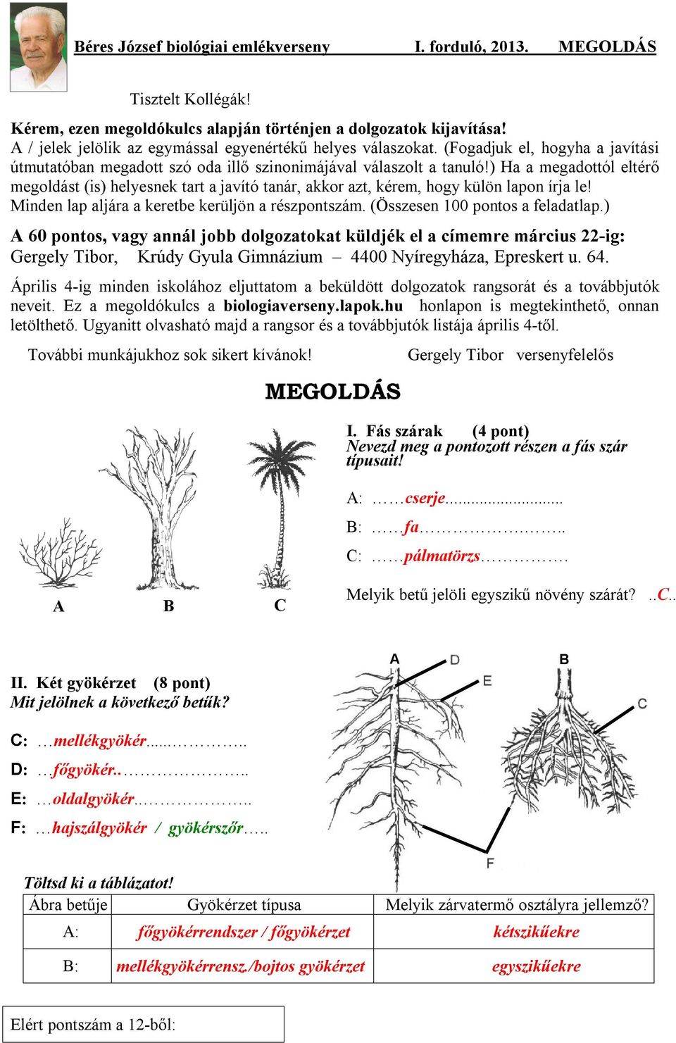 ) Ha a megadottól eltérő megoldást (is) helyesnek tart a javító tanár, akkor azt, kérem, hogy külön lapon írja le! Minden lap aljára a keretbe kerüljön a részpontszám.