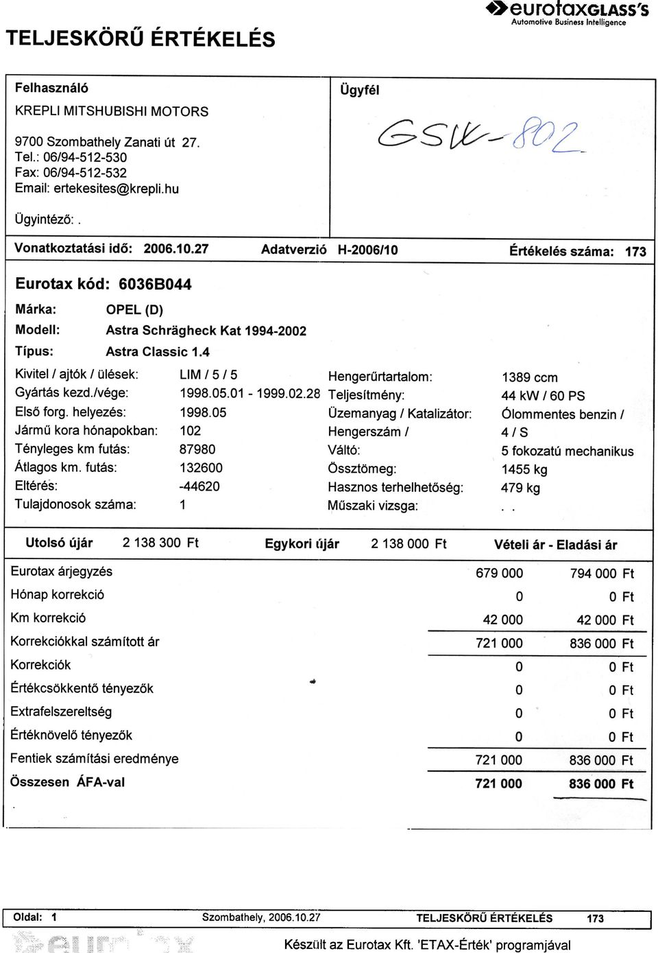 27 Adatverzió H-2006/10 Értékelés száma: 173 Eurotax kód: 60368044 Márka: OPEL (D) Modell: Astra Schragheck Kat 1994-2002 Típus: Astra Classic 1.