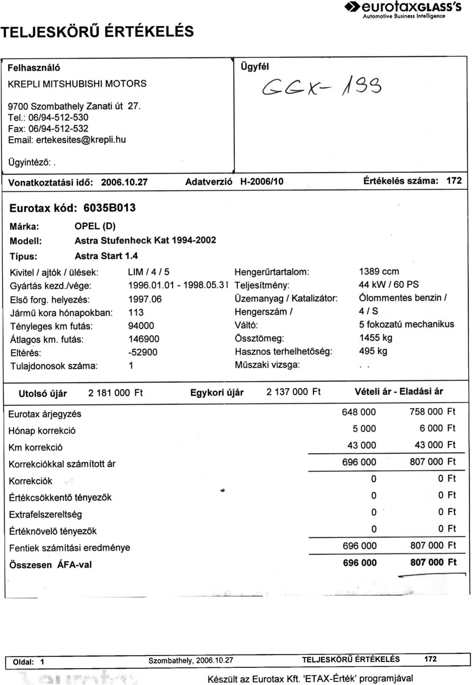 4 Kiviteli ajtók 1 ülések: LIM 14 15 Hengerûrtartalom: Gyártás kezd./vége: 1996.01.01-1998.05.31 Teljesítmény: Elsõ forg. helyezés: 1997.