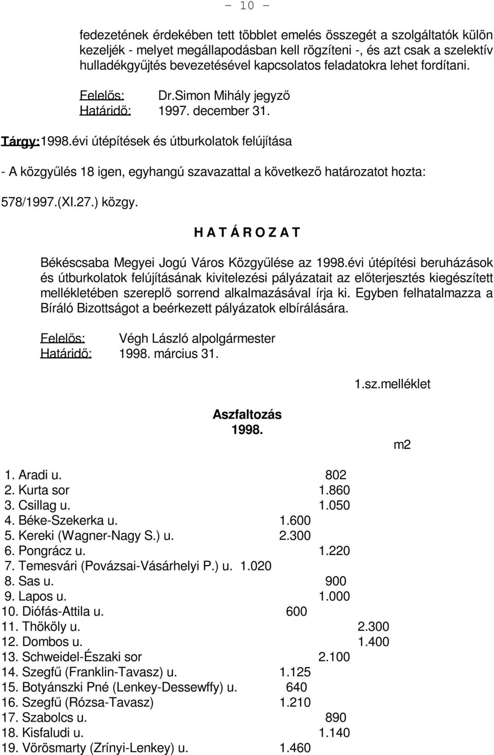 évi útépítések és útburkolatok felújítása - A közgyűlés 18 igen, egyhangú szavazattal a következő határozatot hozta: 578/1997.(XI.27.) közgy. Békéscsaba Megyei Jogú Város Közgyűlése az 1998.