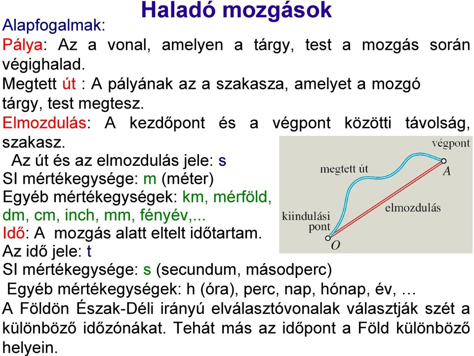 Az út és az elmozdulás jele: s SI mértékegysége: m (méter) Egyéb mértékegységek: km, mérföld, dm, cm, inch, mm, fényév,... Idő: A mozgás alatt eltelt időtartam.