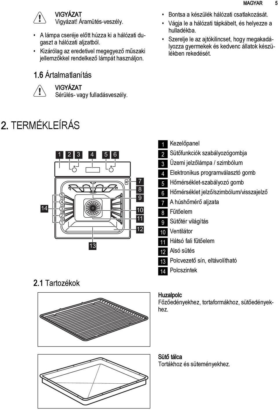 1.6 Ártalmatlanítás Sérülés- vagy fulladásveszély. 2. TERMÉKLEÍRÁS 1 2 3 4 5 5 4 14 3 2 1 13 2.