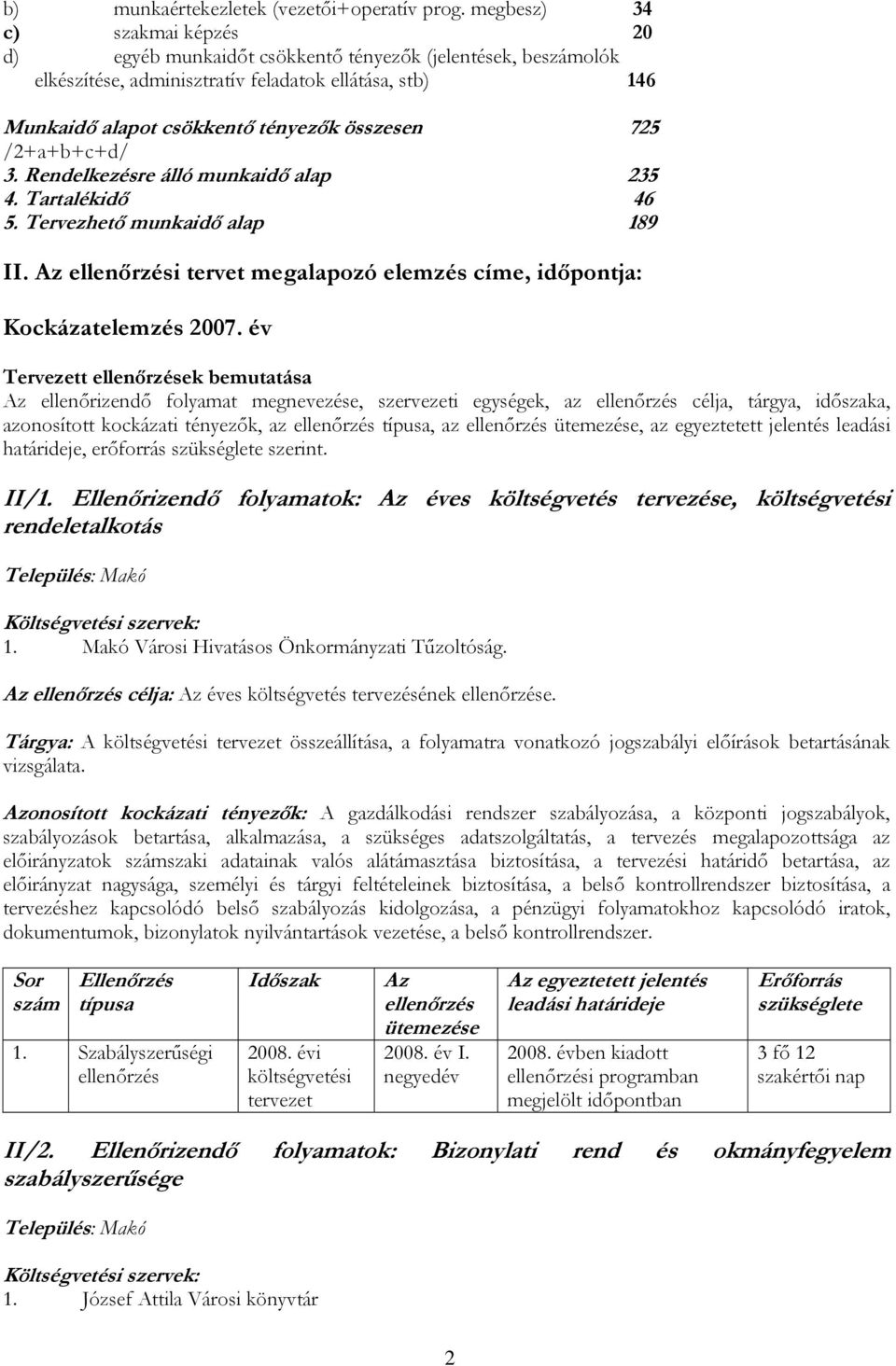 /2+a+b+c+d/ 3. Rendelkezésre álló munkaidő alap 235 4. Tartalékidő 46 5. Tervezhető munkaidő alap 189 II. Az ellenőrzési tervet megalapozó elemzés címe, időpontja: Kockázatelemzés 2007.