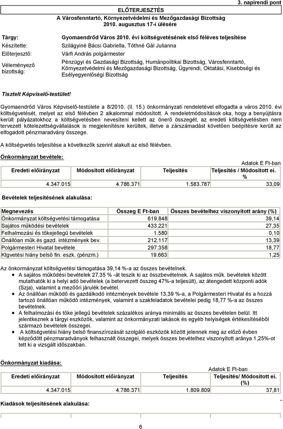 Bizottság, Humánpolitikai Bizottság, Városfenntartó, Környezetvédelmi és Mezőgazdasági Bizottság, Ügyrendi, Oktatási, Kisebbségi és Esélyegyenlőségi Bizottság Tisztelt Képviselő-testület!