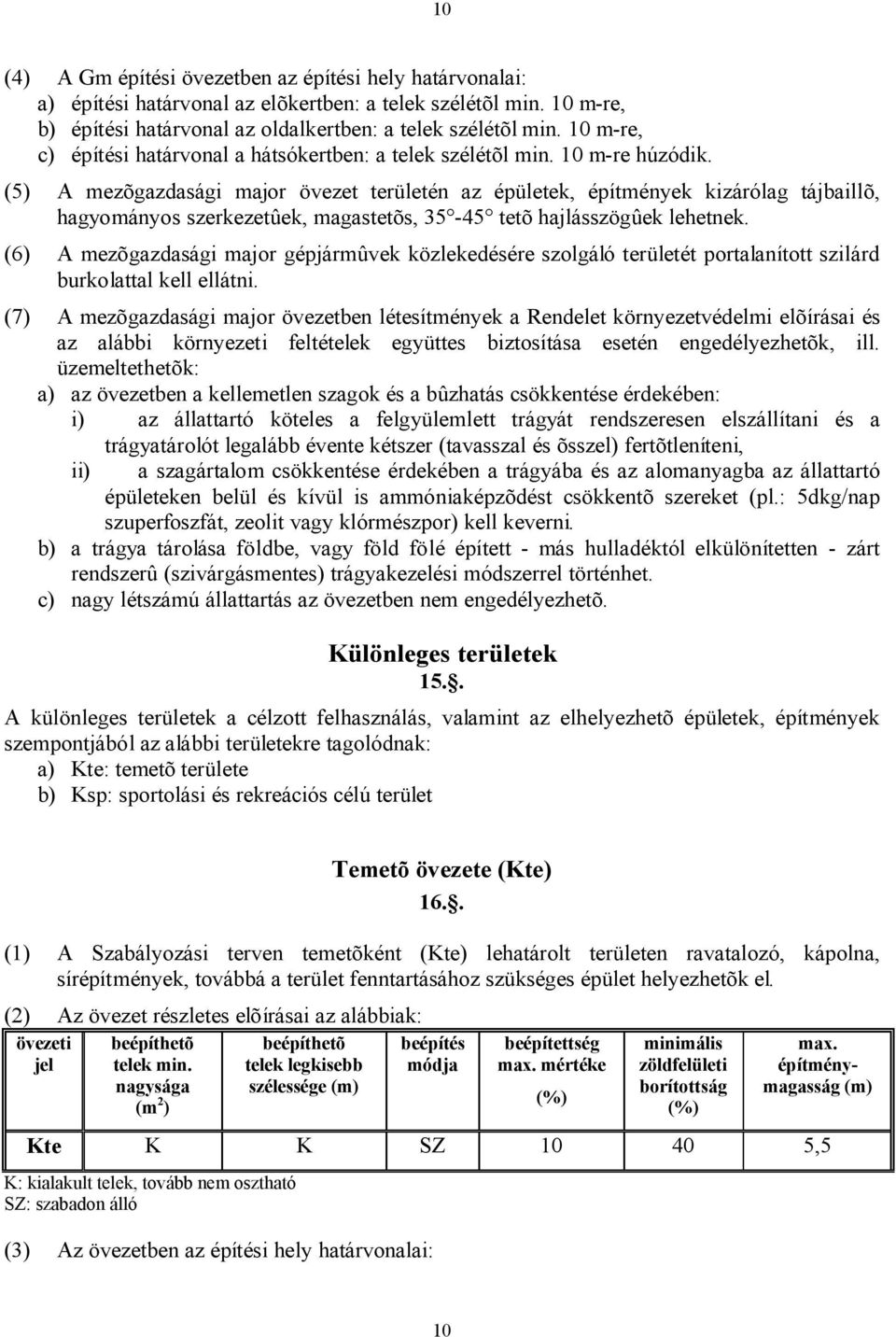 (5) A mezõgazdasági major övezet területén az épületek, építmények kizárólag tájbaillõ, hagyományos szerkezetûek, magastetõs, 35-45 tetõ hajlásszögûek lehetnek.