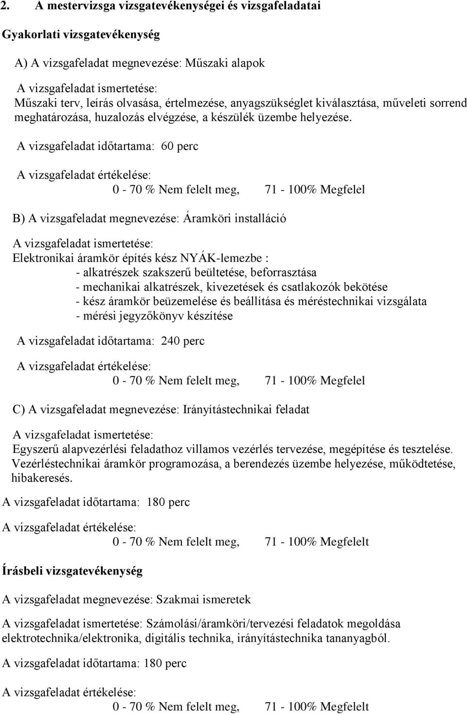 A vizsgafeladat időtartama: 60 perc A vizsgafeladat értékelése: 0-70 % Nem felelt meg, 71-100% Megfelel B) A vizsgafeladat megnevezése: Áramköri installáció A vizsgafeladat ismertetése: Elektronikai